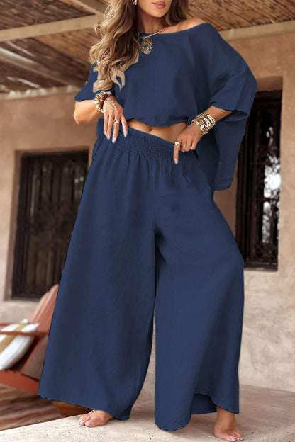 Zara Coast Two-Piece Set with off-the-shoulder top and wide-leg pants