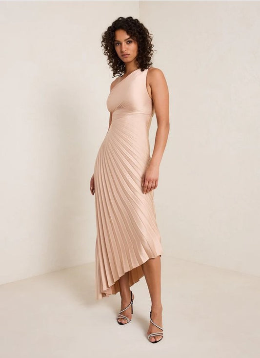 Coralie Sage Asymmetric One-Shoulder Pleated Midi Dress