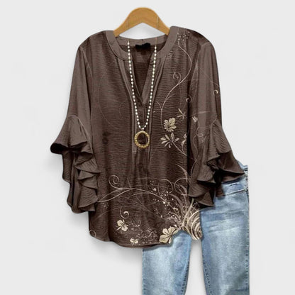 Elara Garden Whispers Flowing V-Neck Blouse