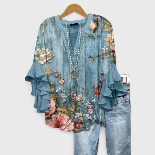Elara Garden Whispers Flowing V-Neck Blouse
