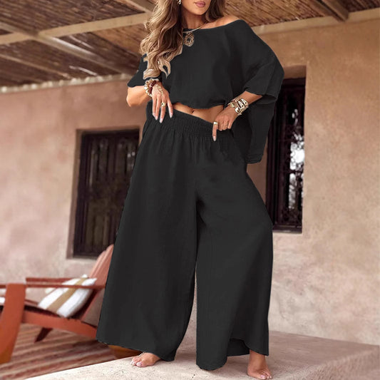 Zara Coast Two-Piece Set with off-the-shoulder top and wide-leg pants