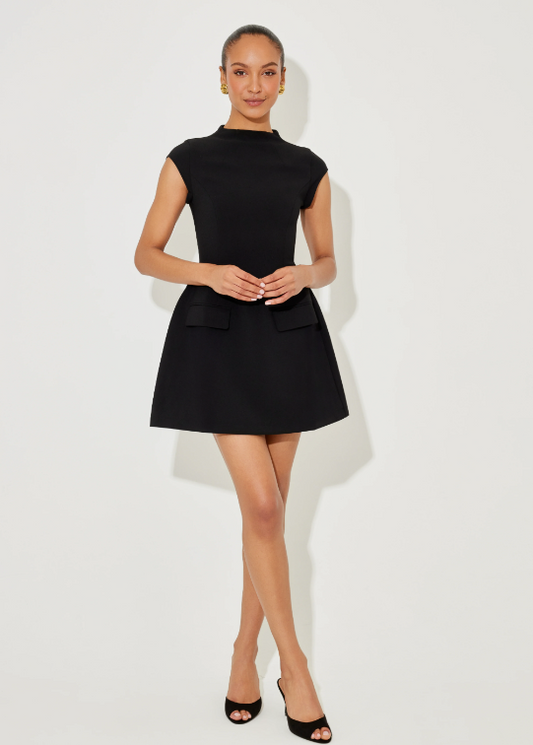 Elowen Faye White Dress – Cap Sleeves, High Neck, Cinched Waist