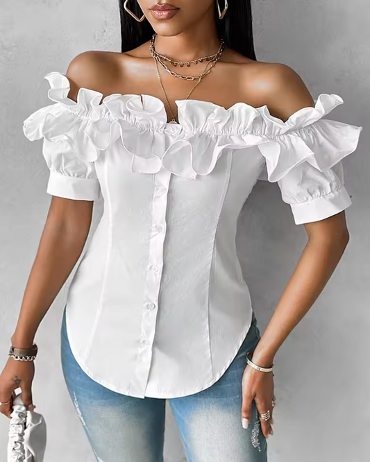 Ellie Breeze Off-Shoulder Ruffle Blouse with Asymmetrical Charm