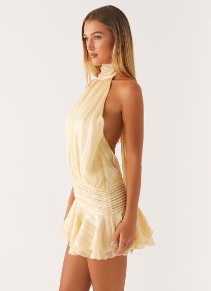 Harriet Barret Halter-Style Mini Dress – Ruched & Ruffled