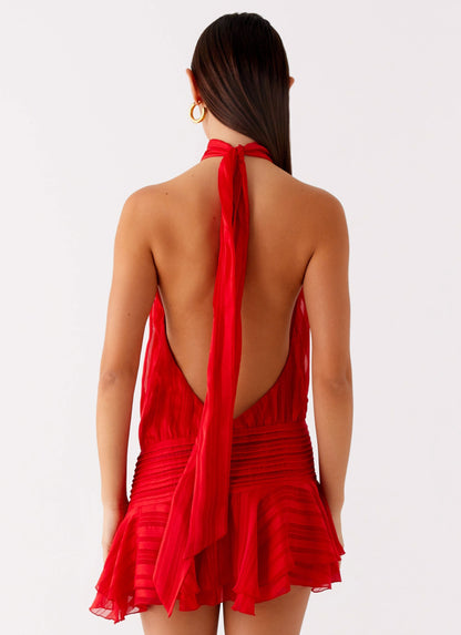 Harriet Barret Halter-Style Mini Dress – Ruched & Ruffled